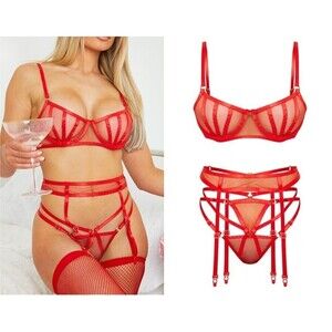 Red Underwired Binding Mesh 3 Piece Lingerie Set - Size S